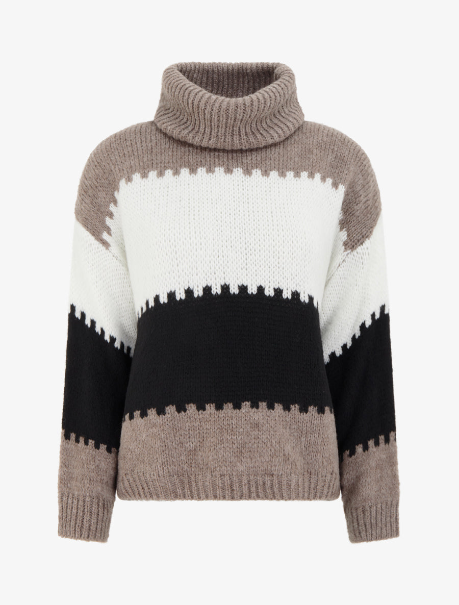 Turtleneck Jumper with Stylised Stripes - Taupe