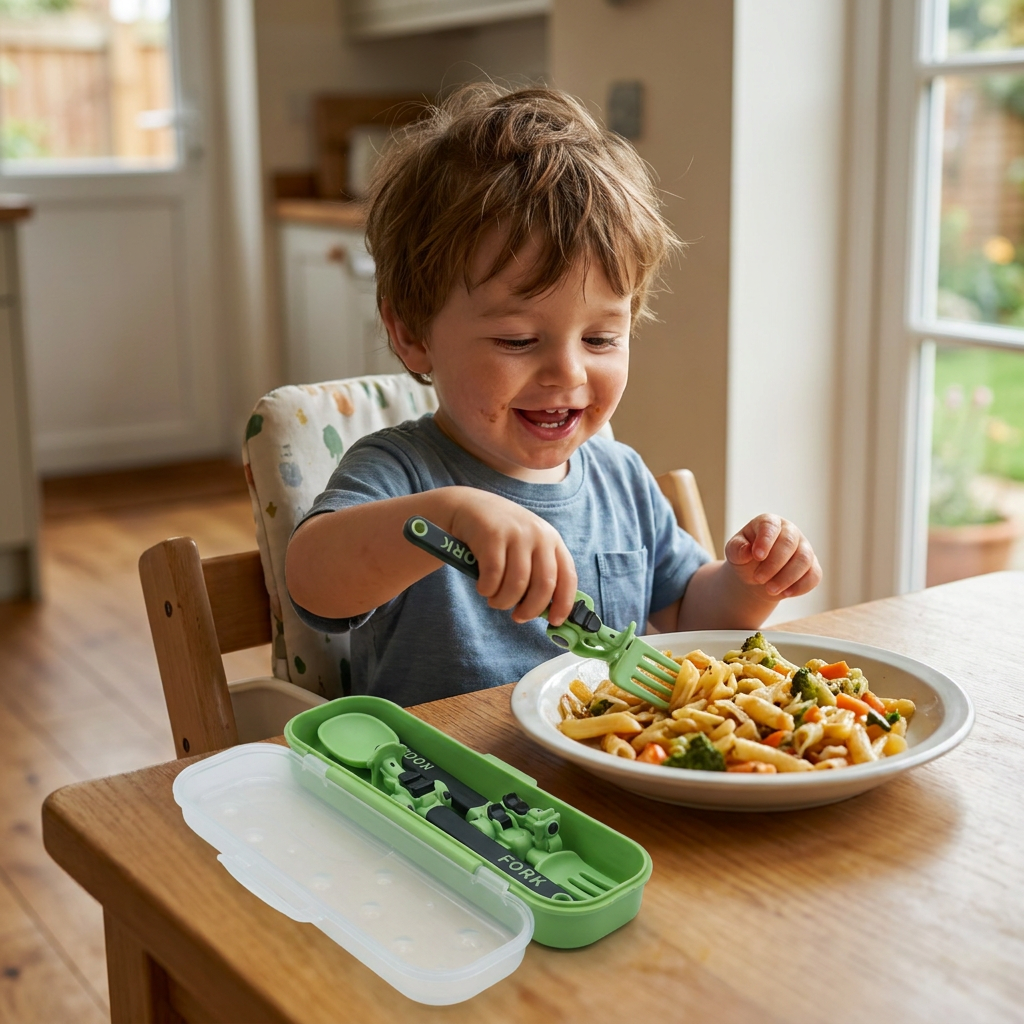 3-Piece Construction Vehicle Kids' Utensil Set with Spoon, Fork & Travel Case