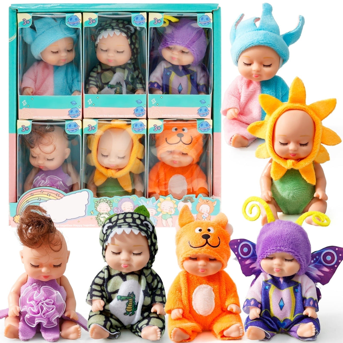 6-Piece Mini Baby Doll Set with Butterfly and Flower Outfits, 4 Inch