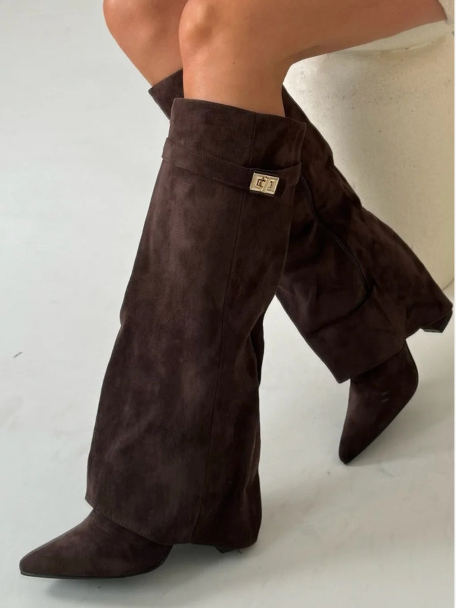 Knee-High Boots – Women's Faux Suede Boots with Pointed Toe and Heel