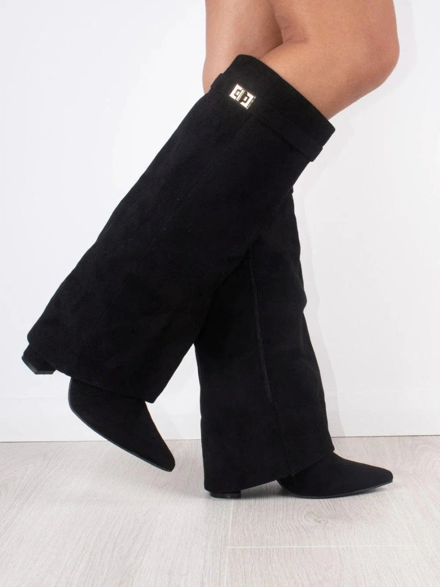 Knee-High Boots – Women's Faux Suede Boots with Pointed Toe and Heel