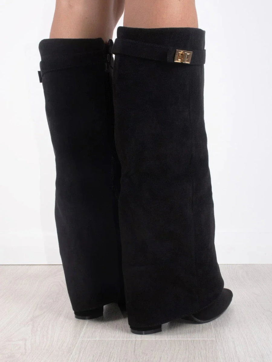 Knee-High Boots – Women's Faux Suede Boots with Pointed Toe and Heel
