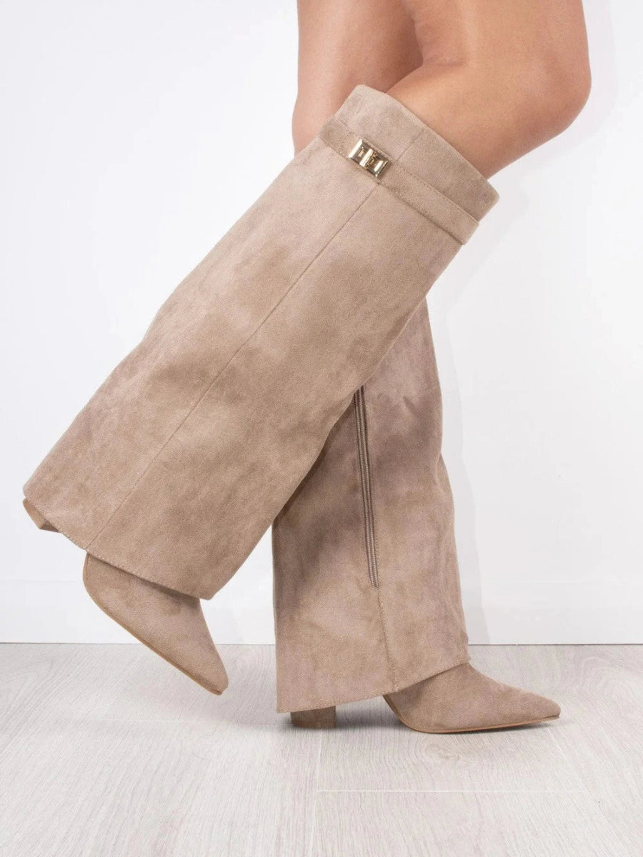 Knee-High Boots – Women's Faux Suede Boots with Pointed Toe and Heel