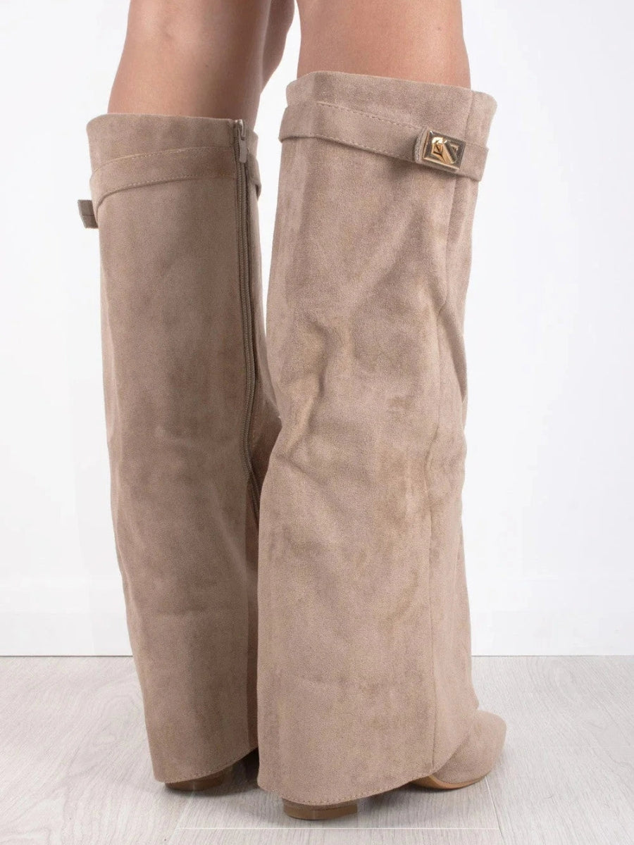 Knee-High Boots – Women's Faux Suede Boots with Pointed Toe and Heel