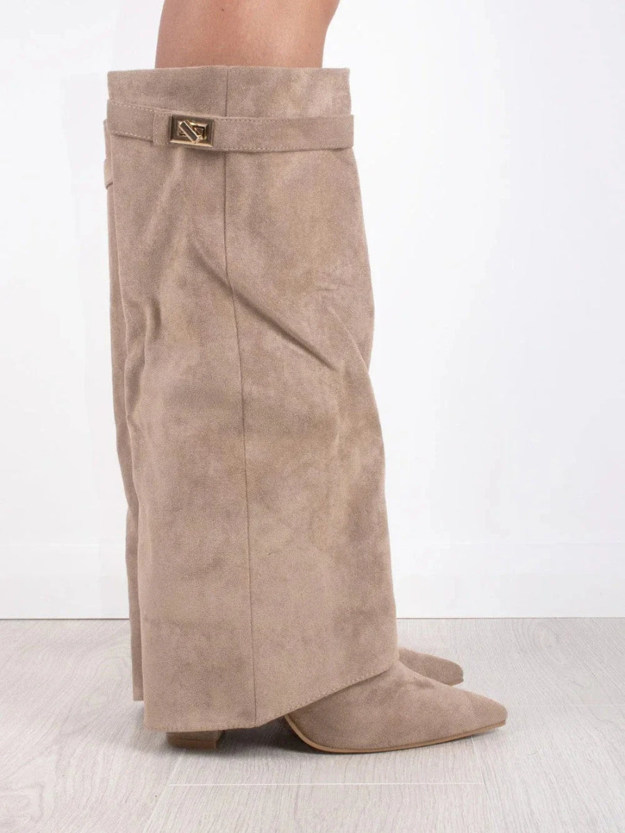 Knee-High Boots – Women's Faux Suede Boots with Pointed Toe and Heel