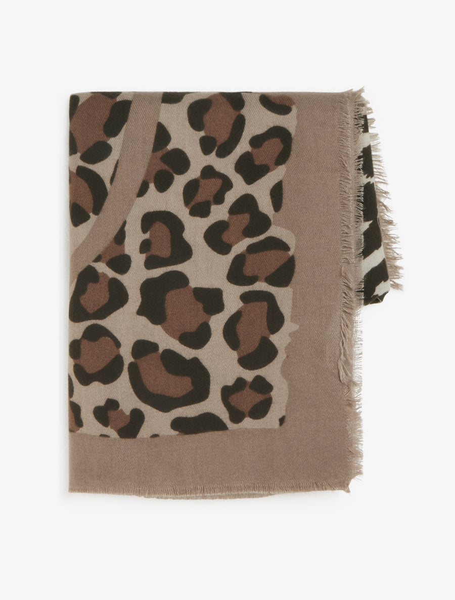 Zebra and Leopard Print Scarf - Beige