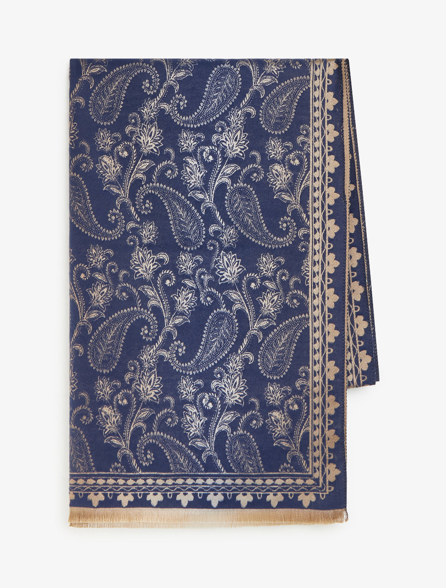 Fringed Scarf with Cashmere Print - Navy