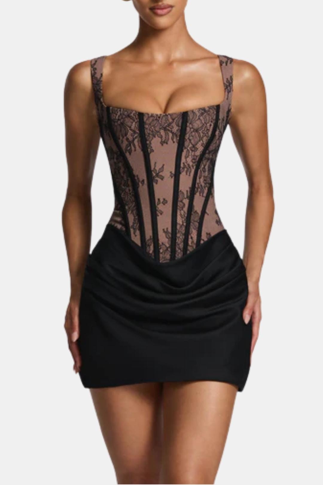 Mini Dress with Boned Bodice, Square Neckline, Draped Skirt and Lace-Up Back
