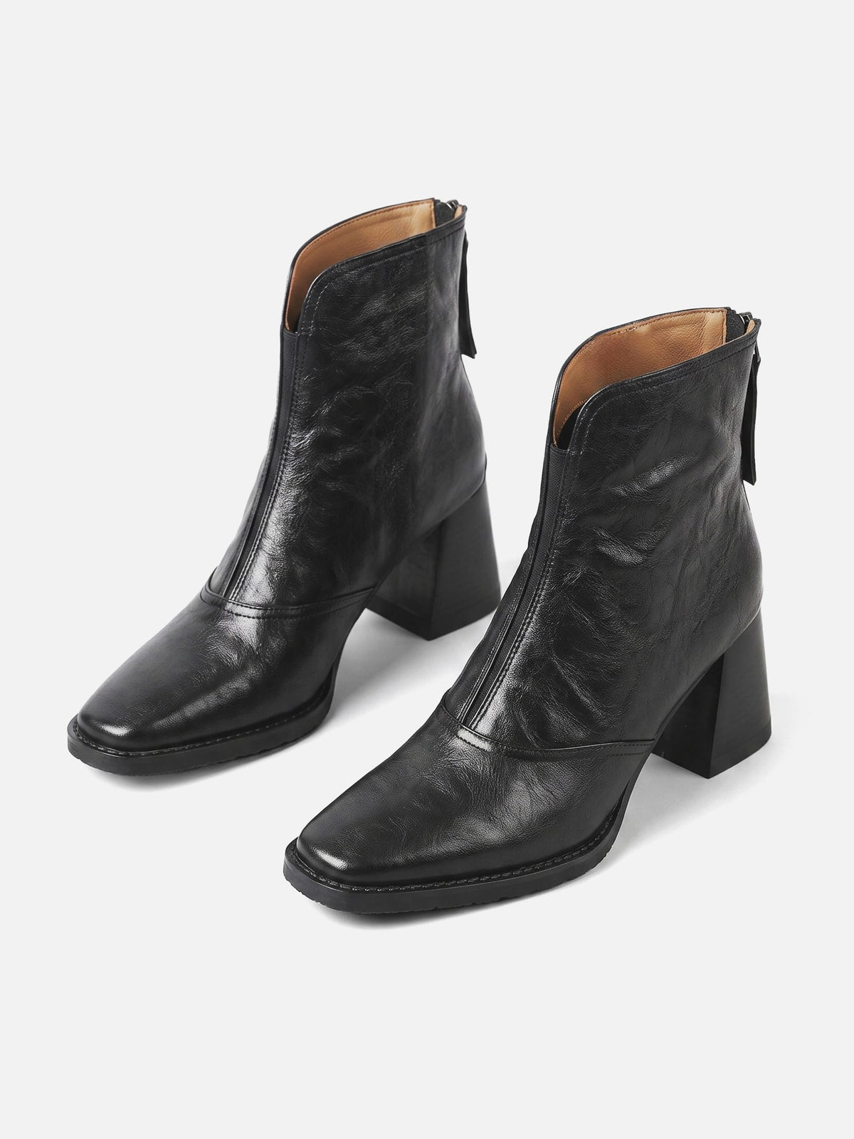 Women's Leather Ankle Boots with Square Heel and Zipper