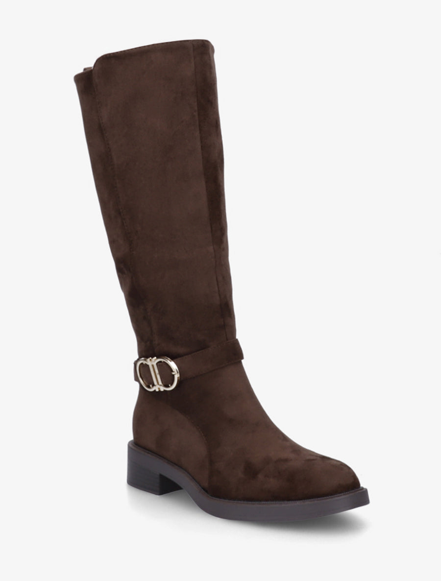 Suede Block Heel Boots with Buckle