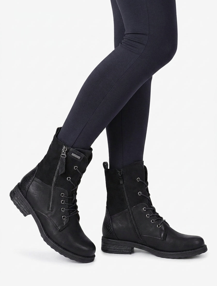 Faux Fur-Lined Python Effect Ankle Boots - Black