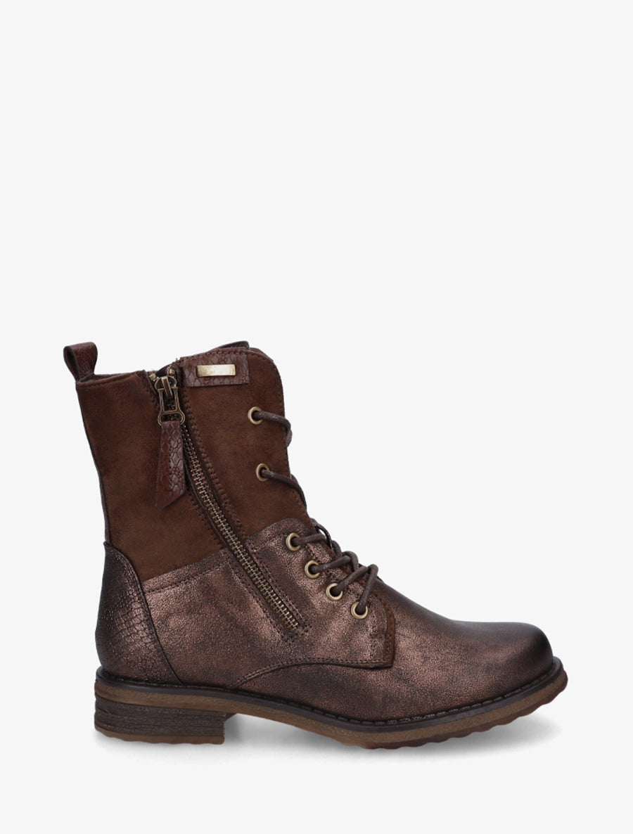 Two-Material Block Heel Ankle Boots - Brown
