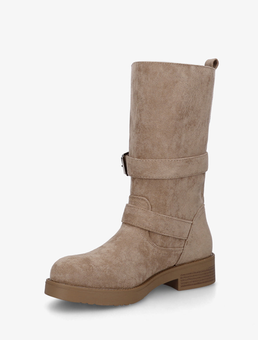 Suede Block Heel Ankle Boots with Buckles
