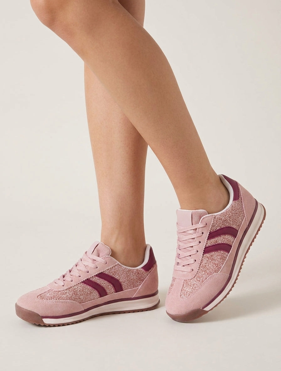 Tweed Effect Sneakers with Flat Sole - Pink