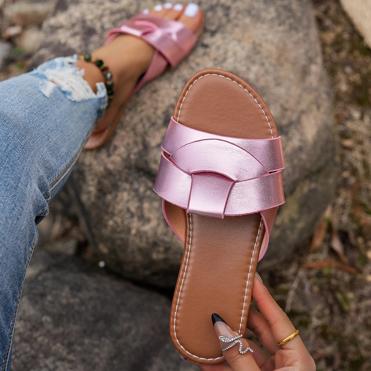 Nordspur | Aurisand Metallic Woven Flat Slide Sandals