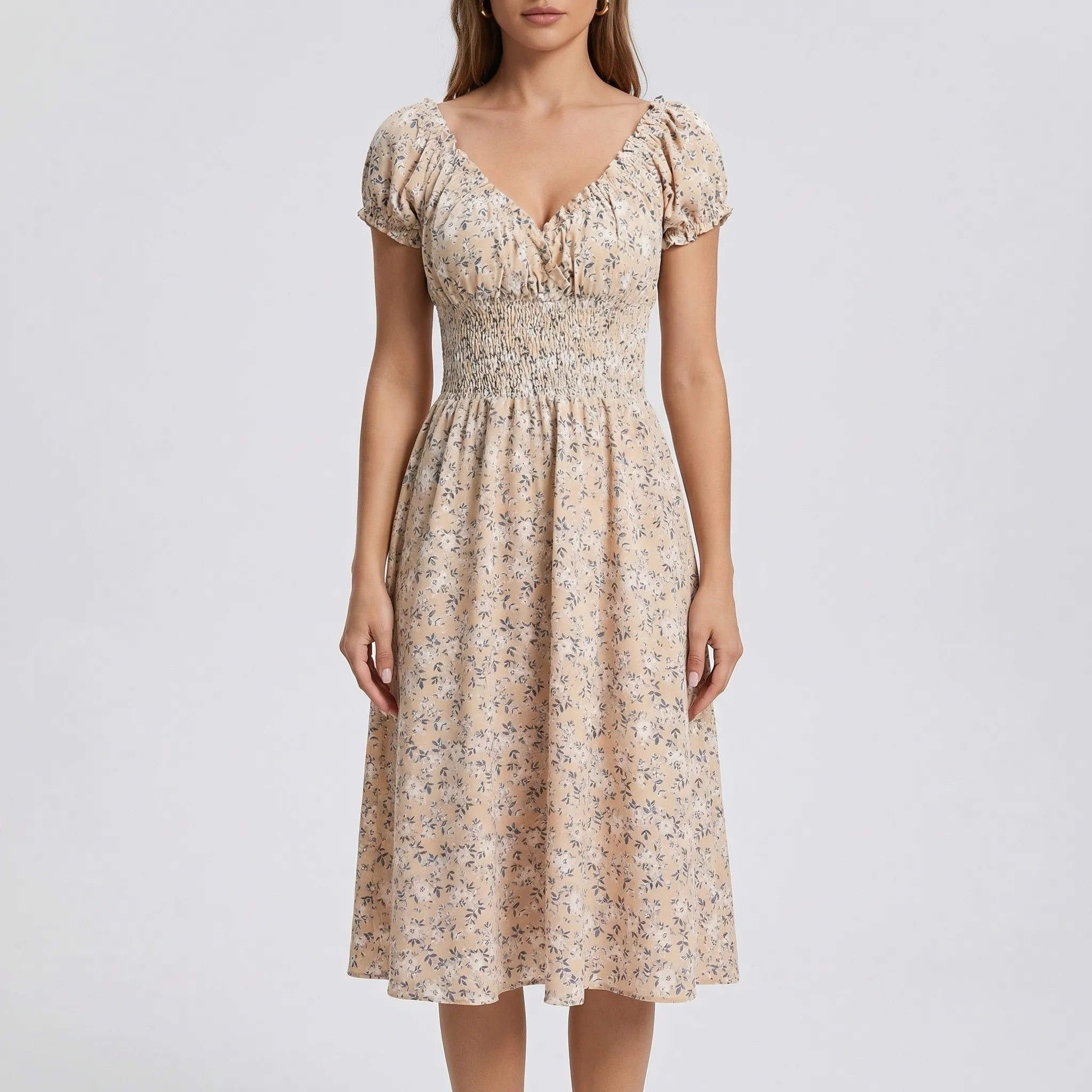 Nordspur | Blossomette Vintage Floral Midi Dress With Puff Sleeves