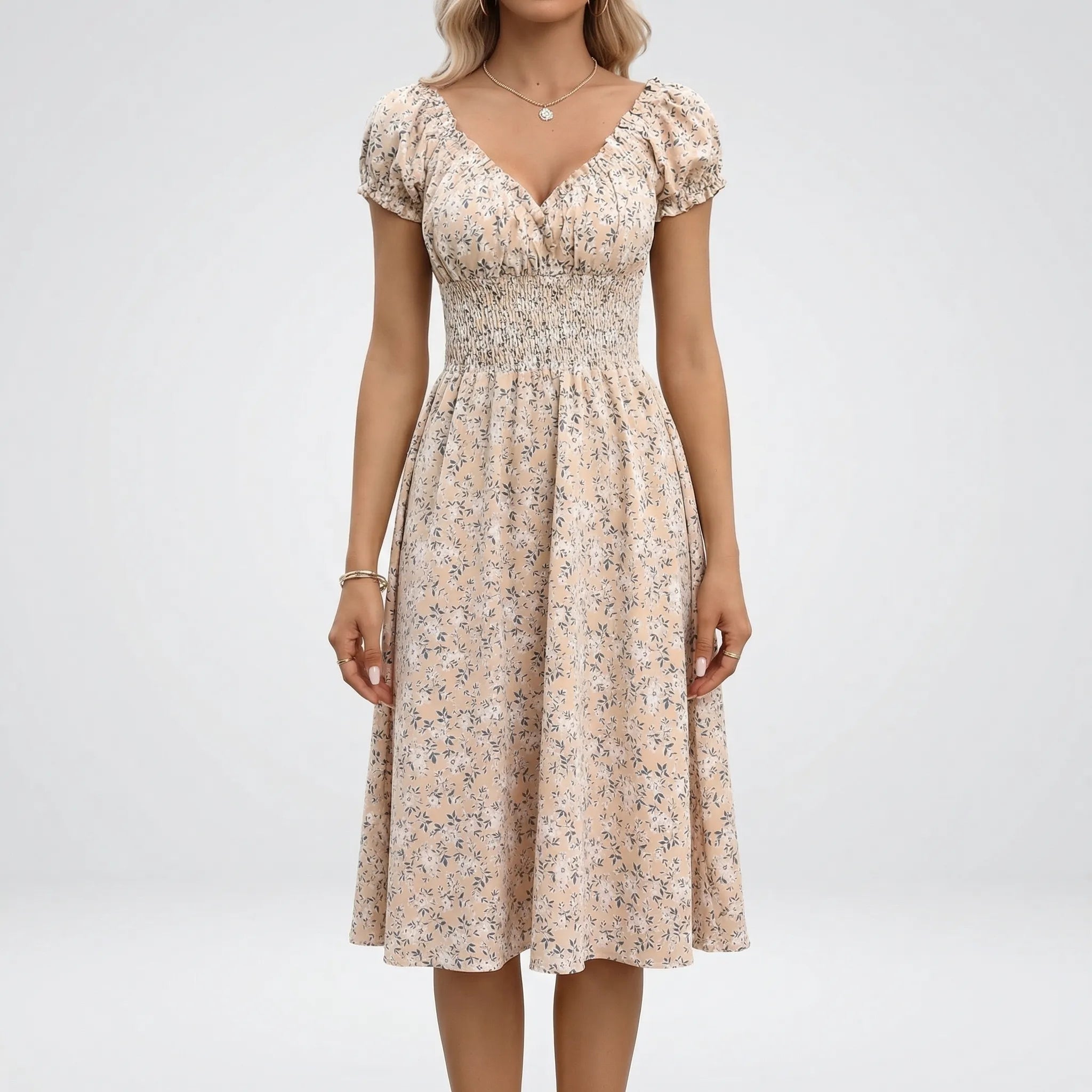 Nordspur | Blossomette Vintage Floral Midi Dress With Puff Sleeves