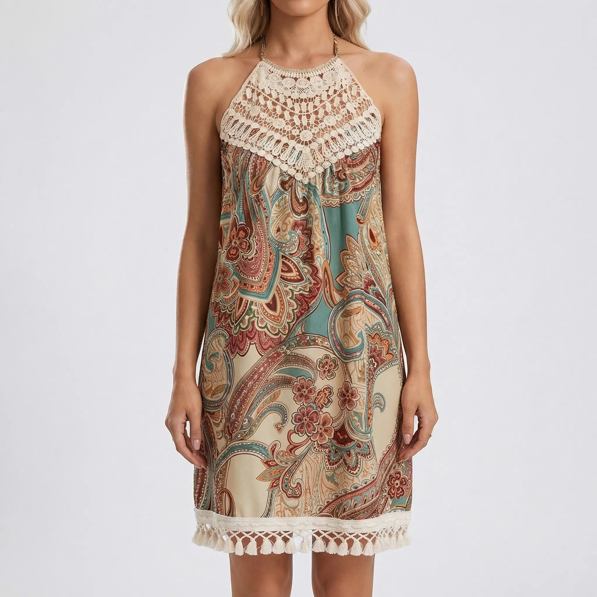 Nordspur | Bohvara Bohemian Halterneck Mini Dress With Tassels