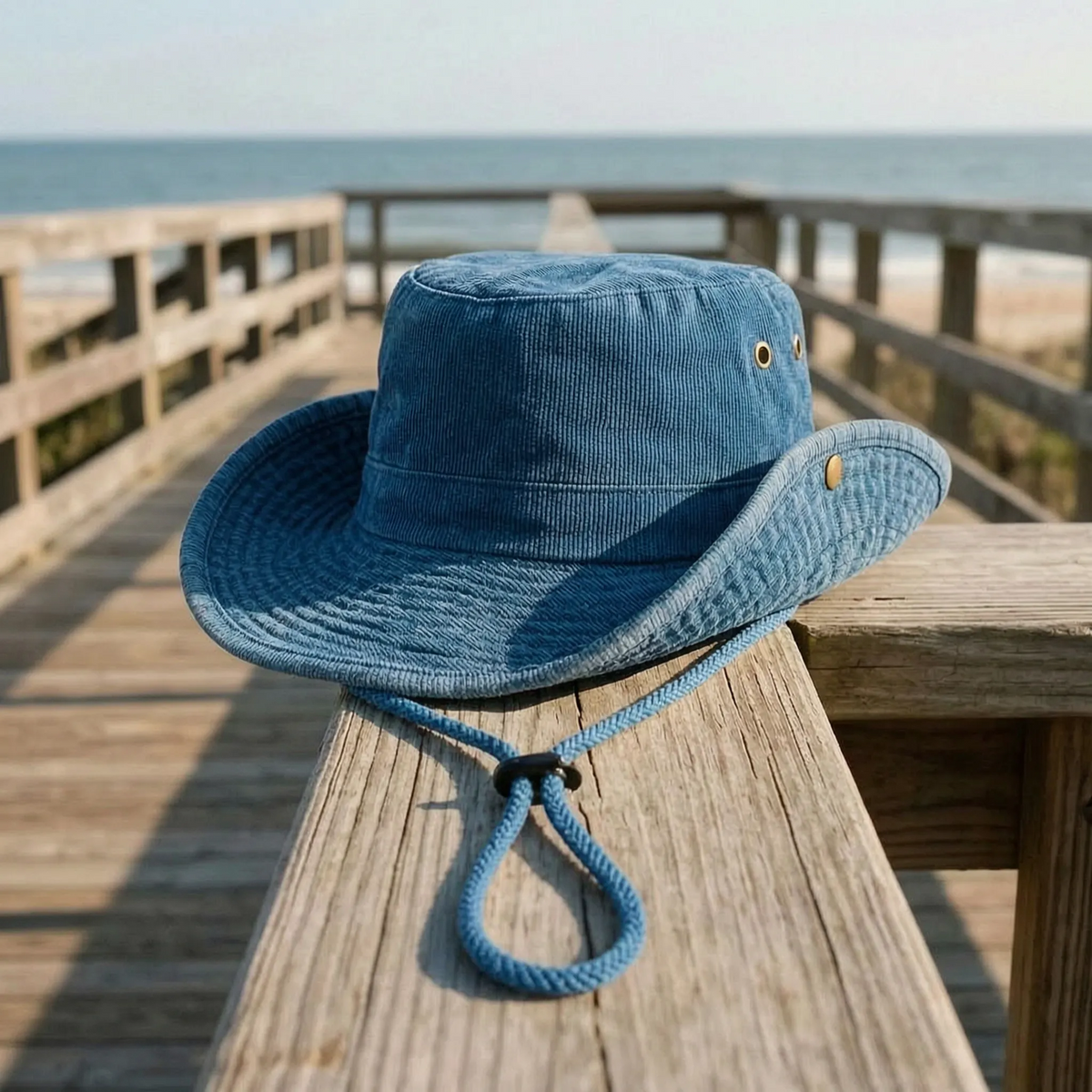 Wide brim outdoor hat with adjustable chin strap and fold-up sides