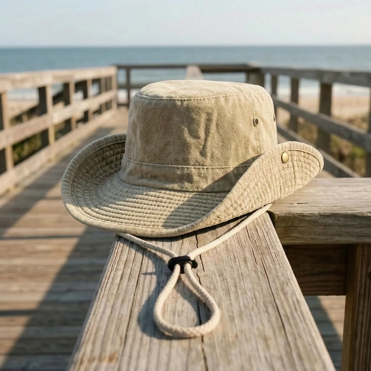Wide brim outdoor hat with adjustable chin strap and fold-up sides