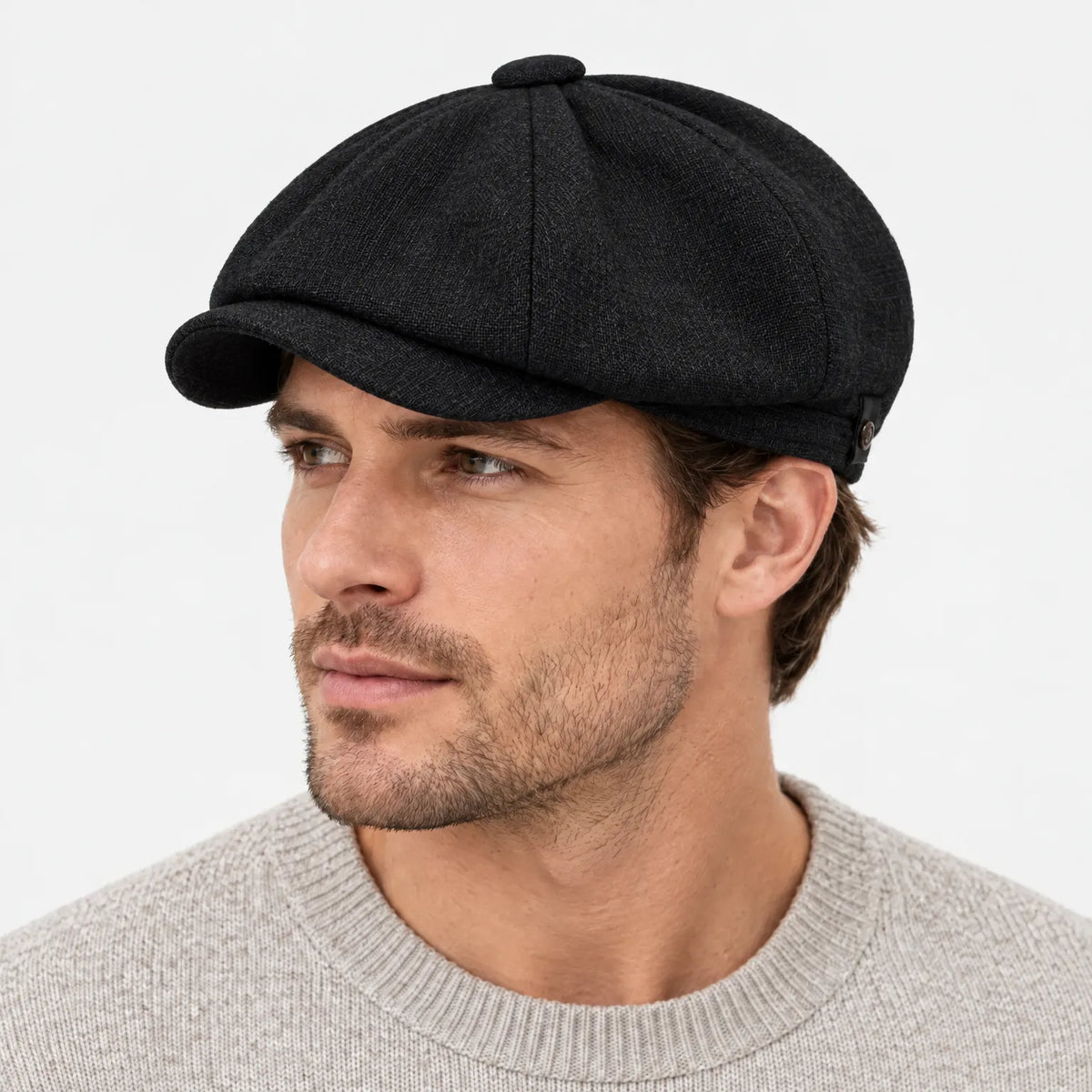 Eight-panel flat cap with herringbone pattern and short peak