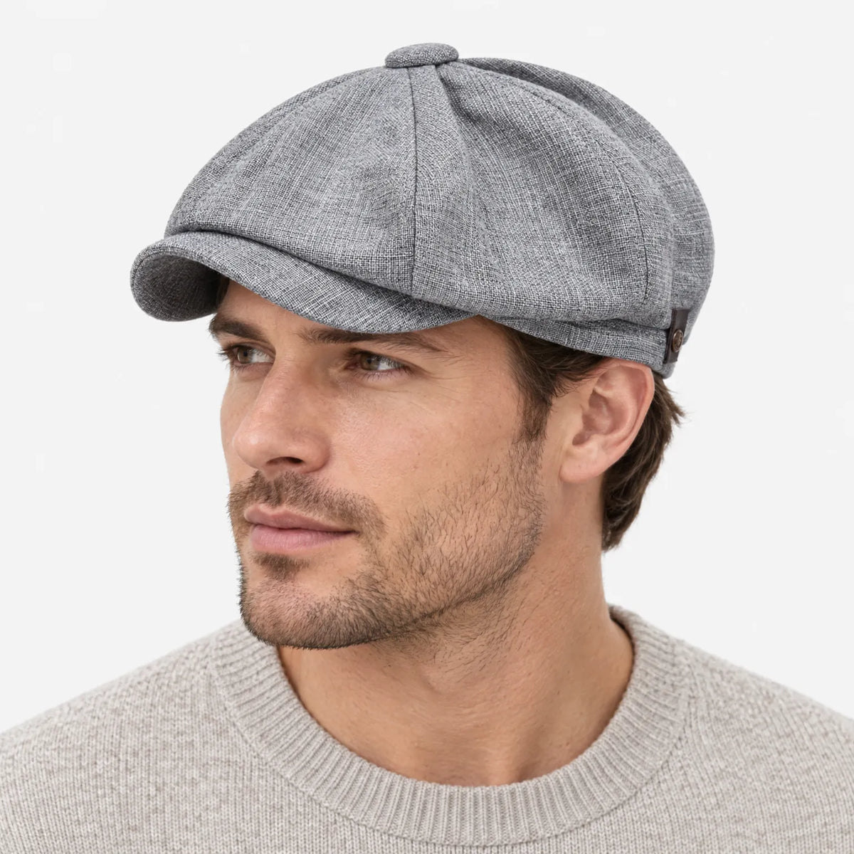 Eight-panel flat cap with herringbone pattern and short peak