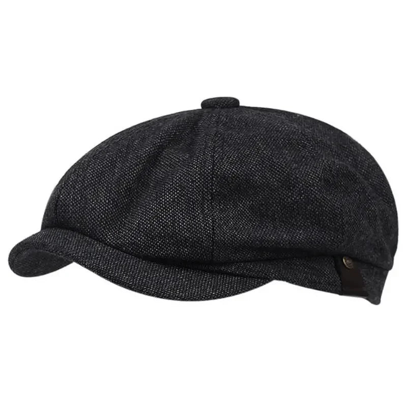 Eight-panel flat cap with herringbone pattern and short peak
