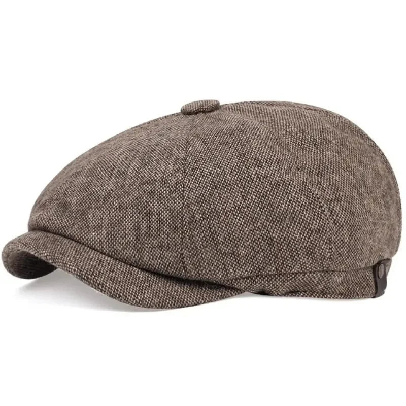 Eight-panel flat cap with herringbone pattern and short peak