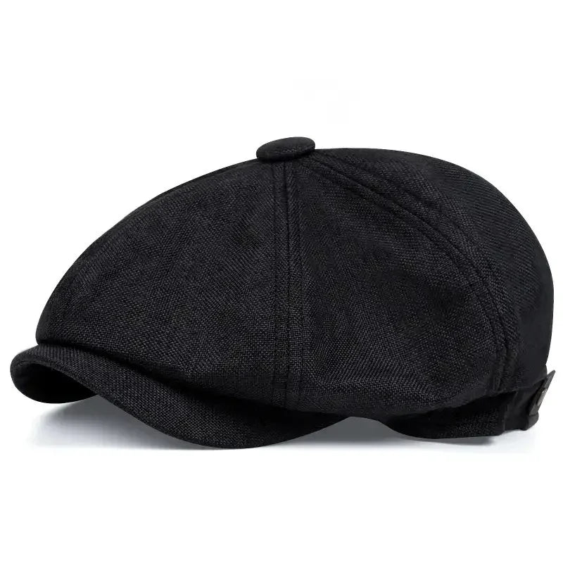 Eight-panel flat cap with herringbone pattern and short peak