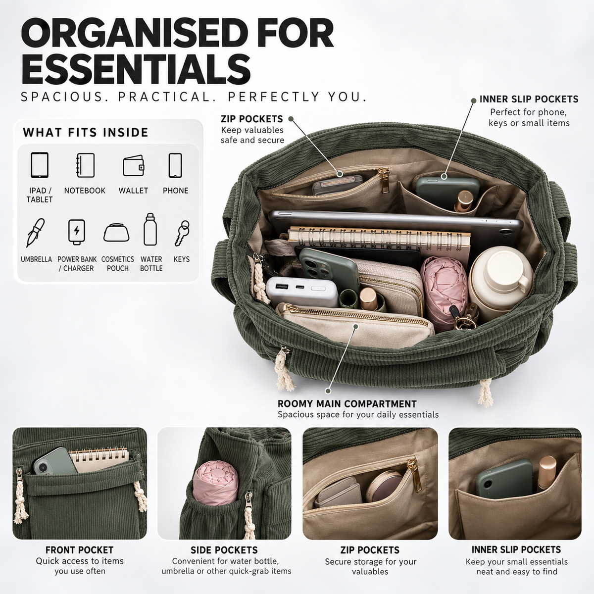 Nordspur | Cordura Multi-Pocket Corduroy Shoulder Tote