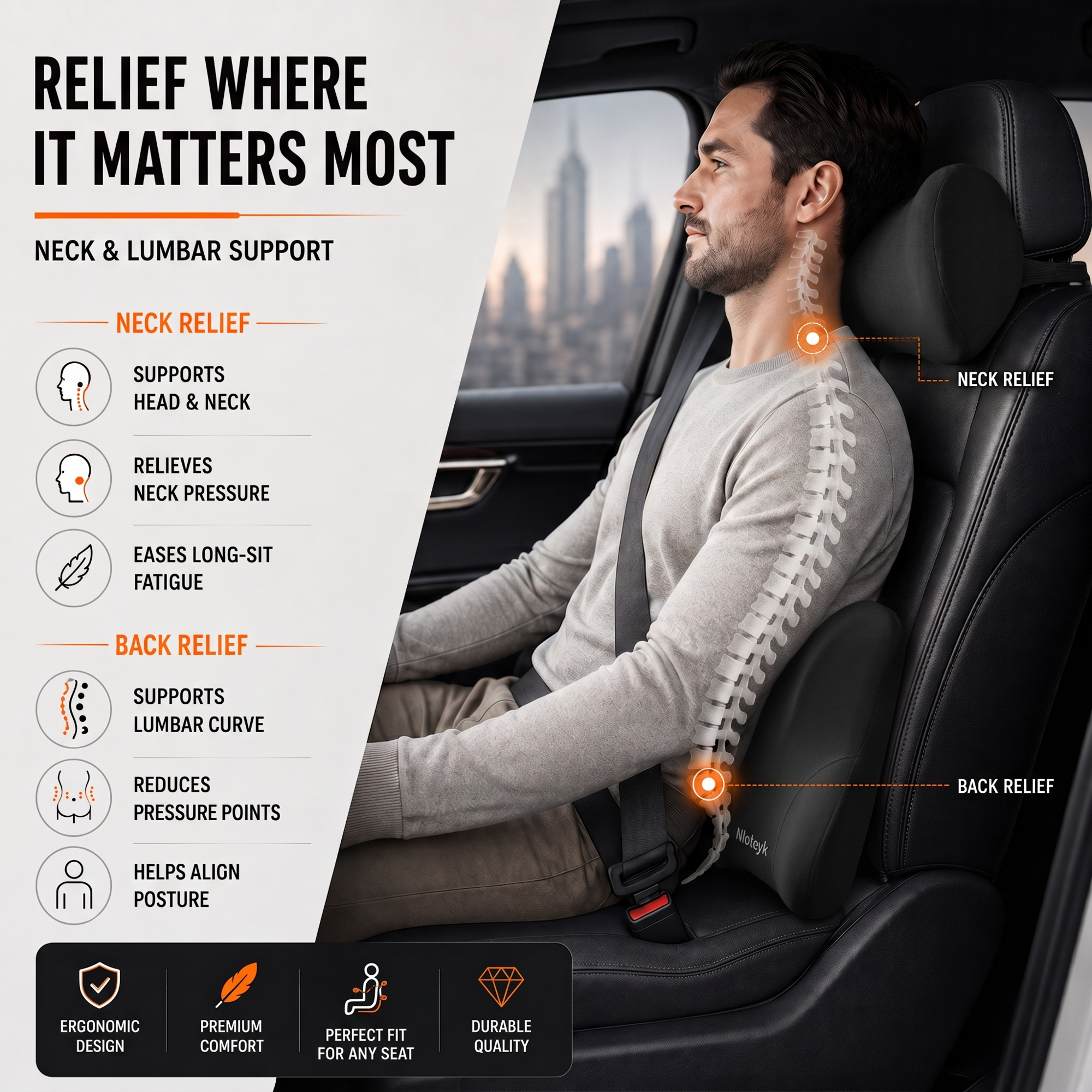 Nordspur | ErgoLuma Memory Foam Car Neck & Lumbar Support Pillow Set