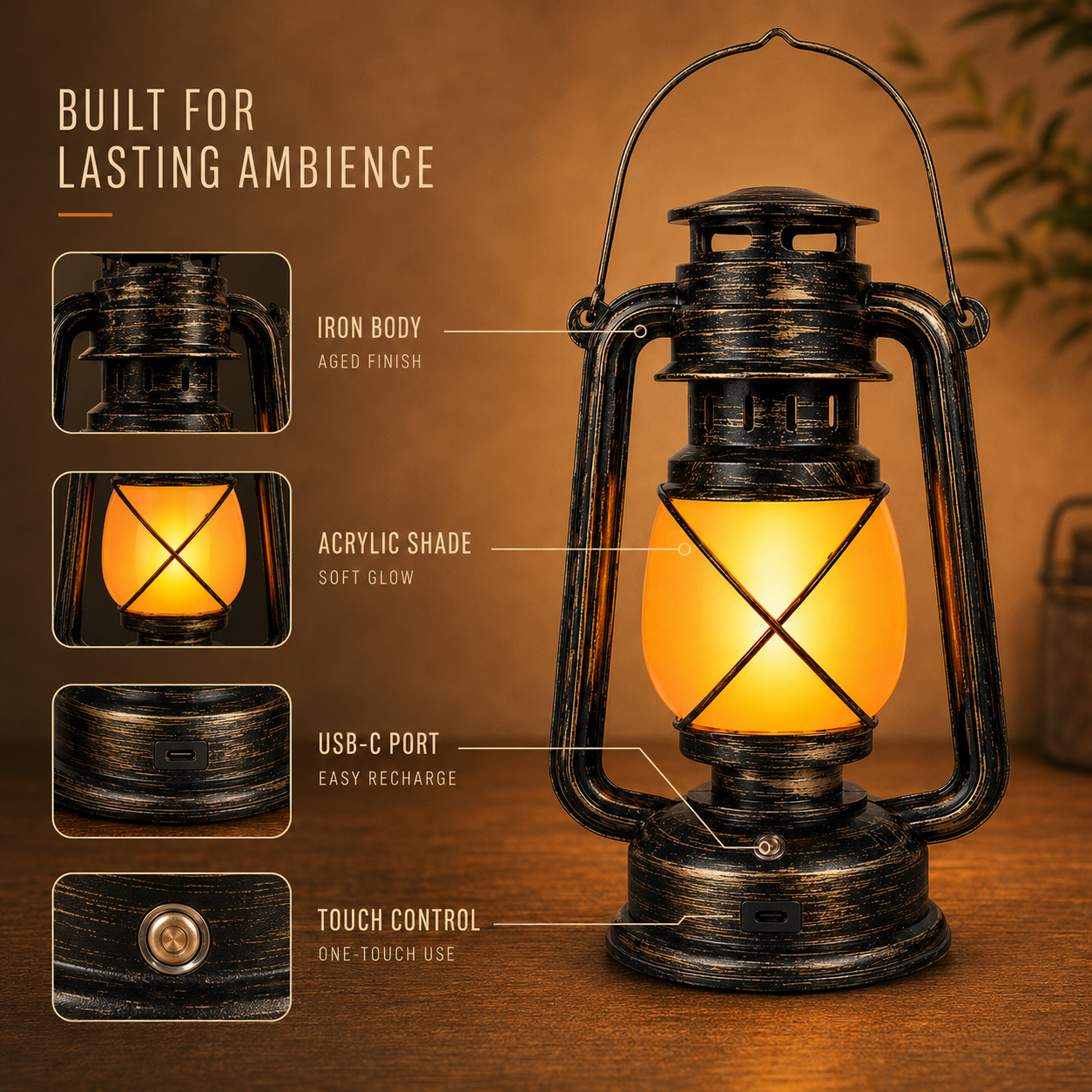 Nordspur | Flambourne Vintage-Style Rechargeable Flame-Effect Lantern