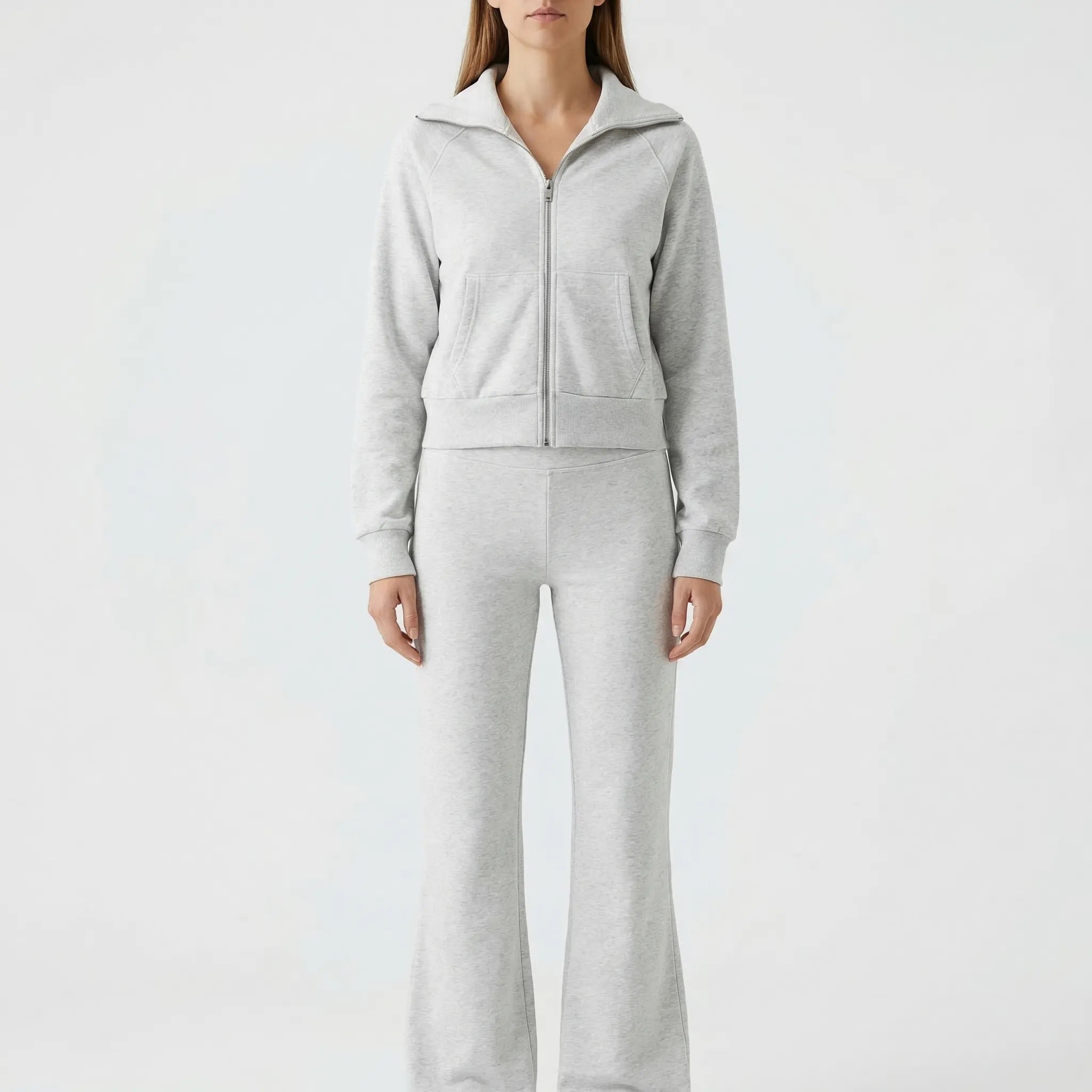 Nordspur | Fleurova Lapel Zip-Up Fleece Jacket And Flared Trouser Set