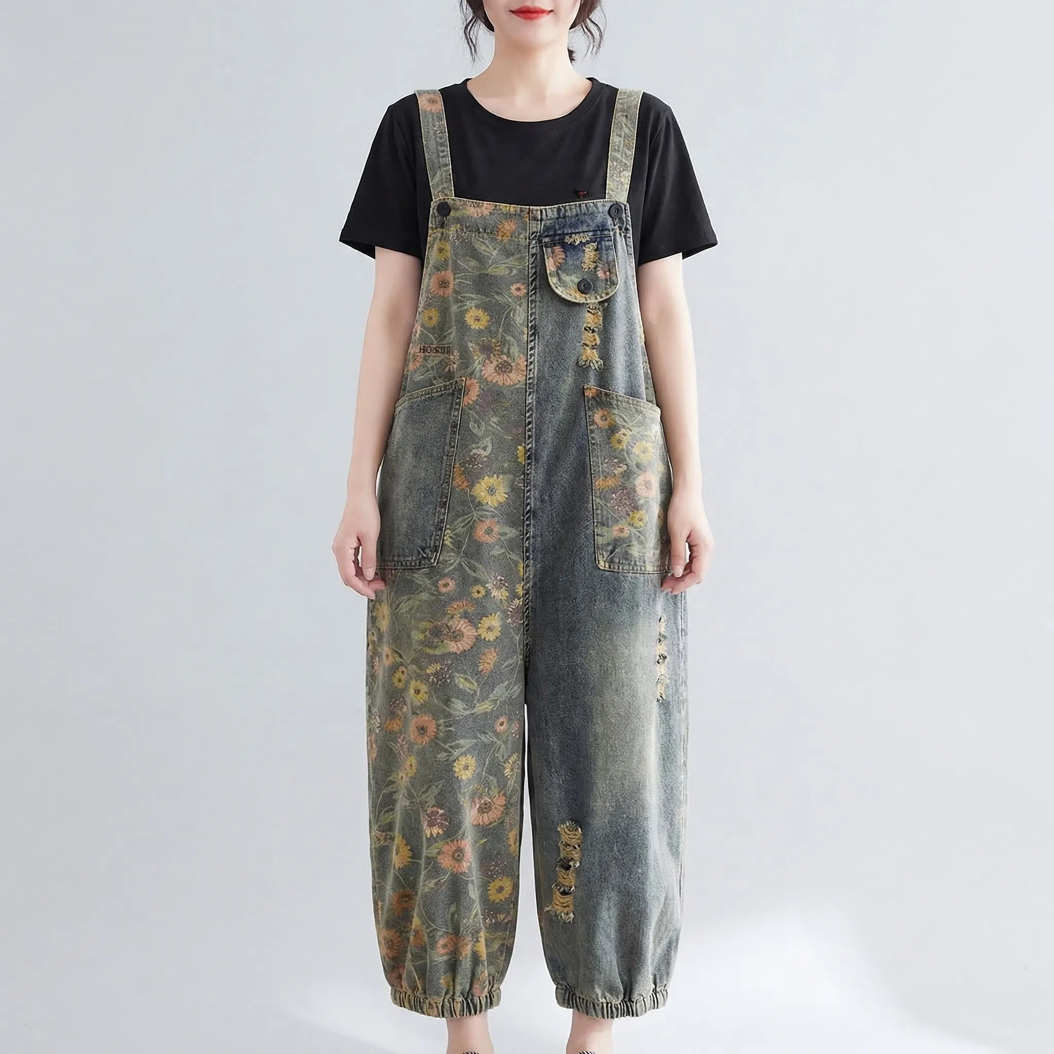 Nordspur | Florovelle Floral Print Denim Dungaree Jumpsuit