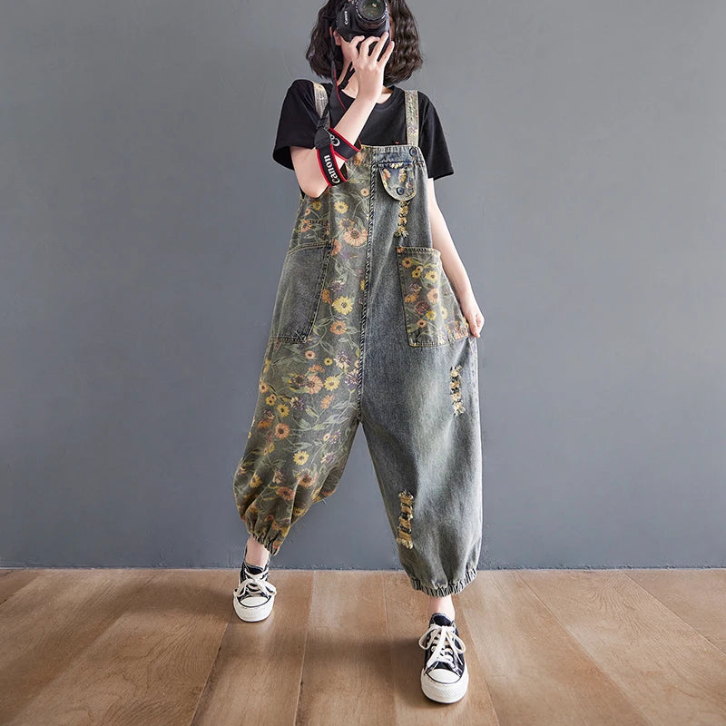 Nordspur | Florovelle Floral Print Denim Dungaree Jumpsuit