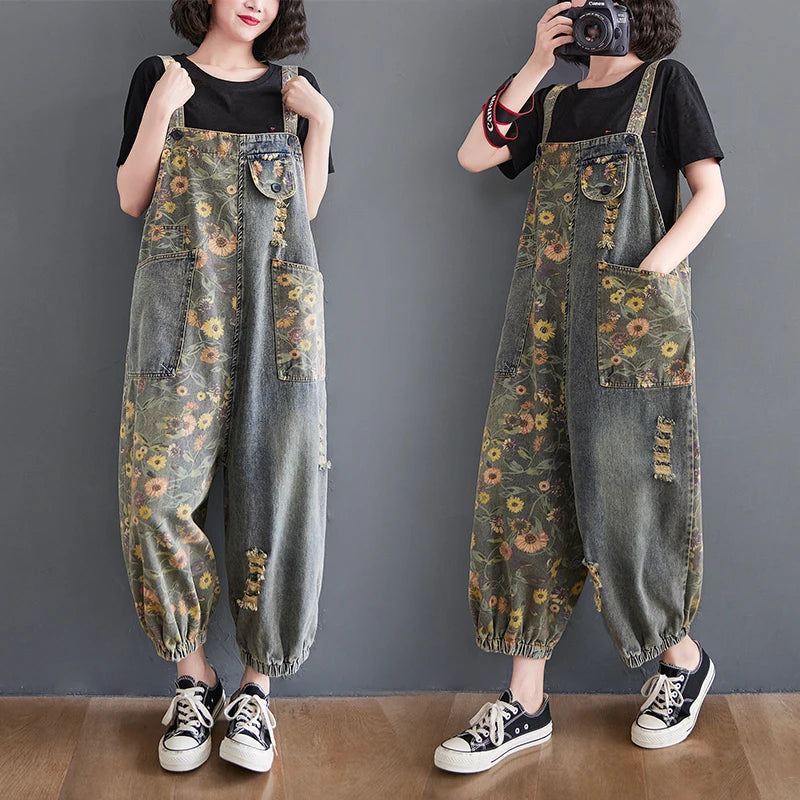 Nordspur | Florovelle Floral Print Denim Dungaree Jumpsuit