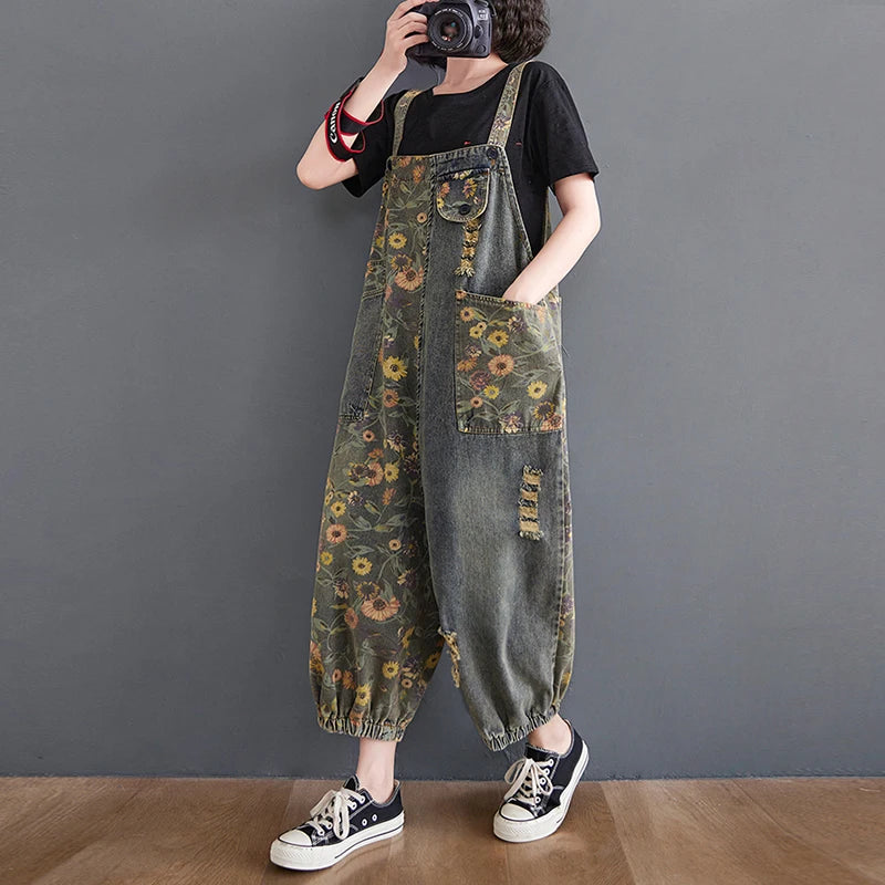 Nordspur | Florovelle Floral Print Denim Dungaree Jumpsuit