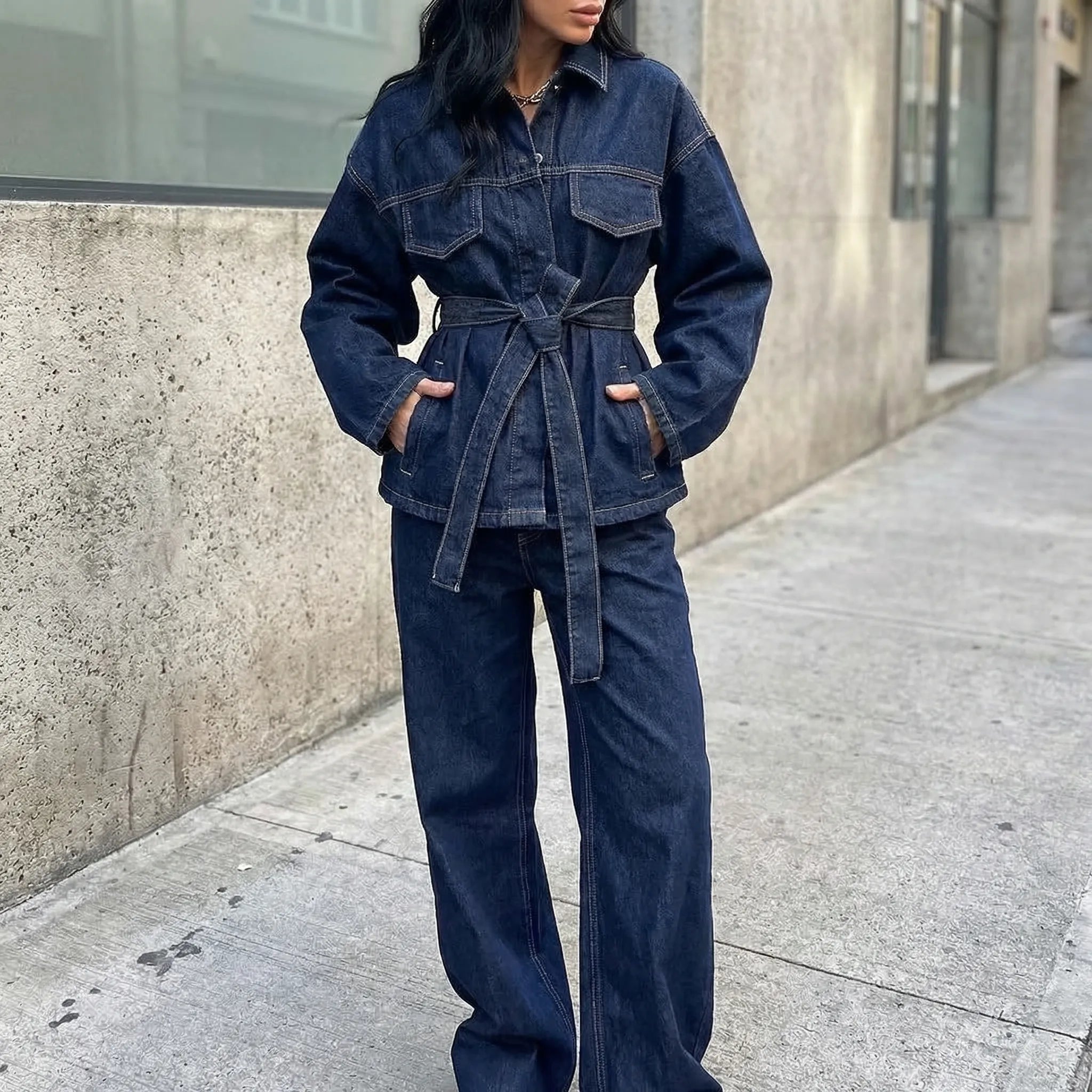 Nordspur | Jacsetta Two-Piece Belted Denim Jacket And Trouser Set