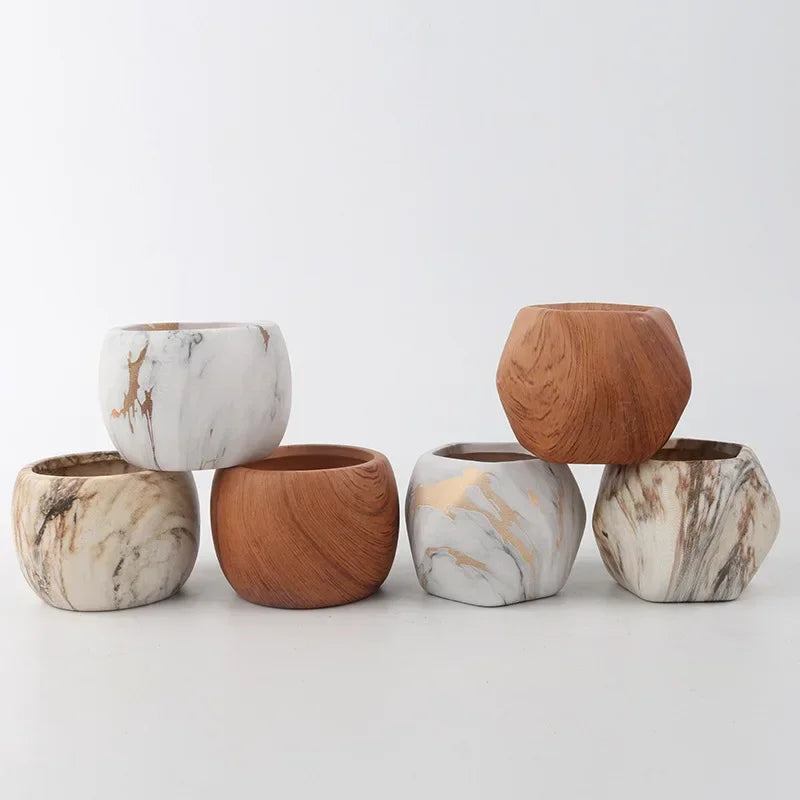 Nordspur | Marblique Marble And Wood-Effect Decorative Plant Pot