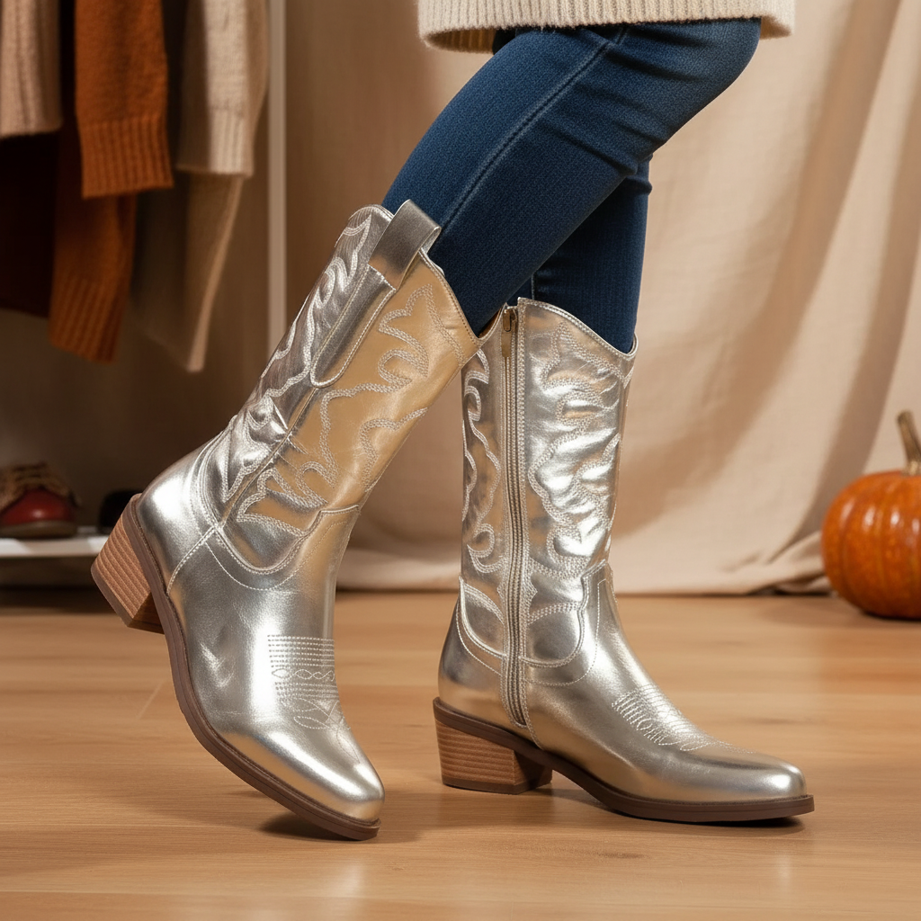 Retro Embroidered Cowboy Boots Women Chunky Heel