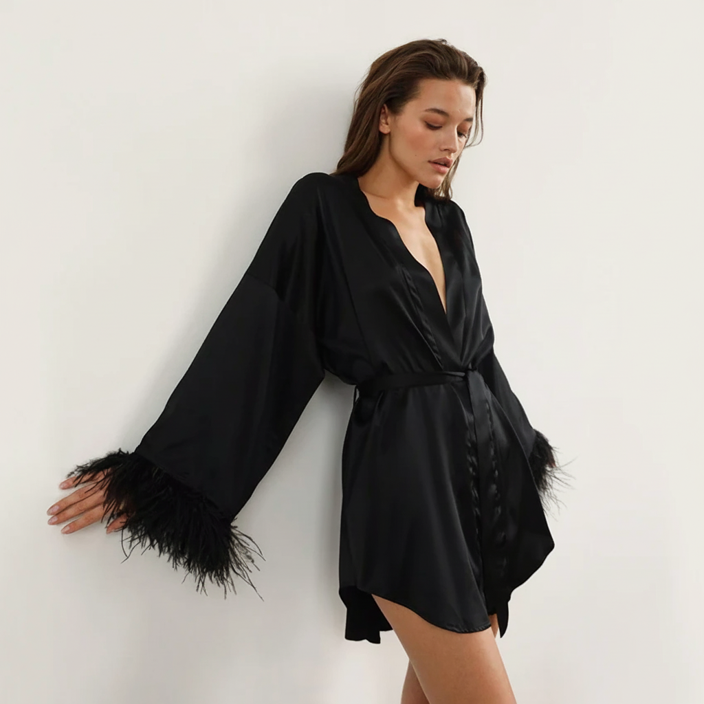 Nordspur | Noctelle Short Wrap Robe With Feather Trim