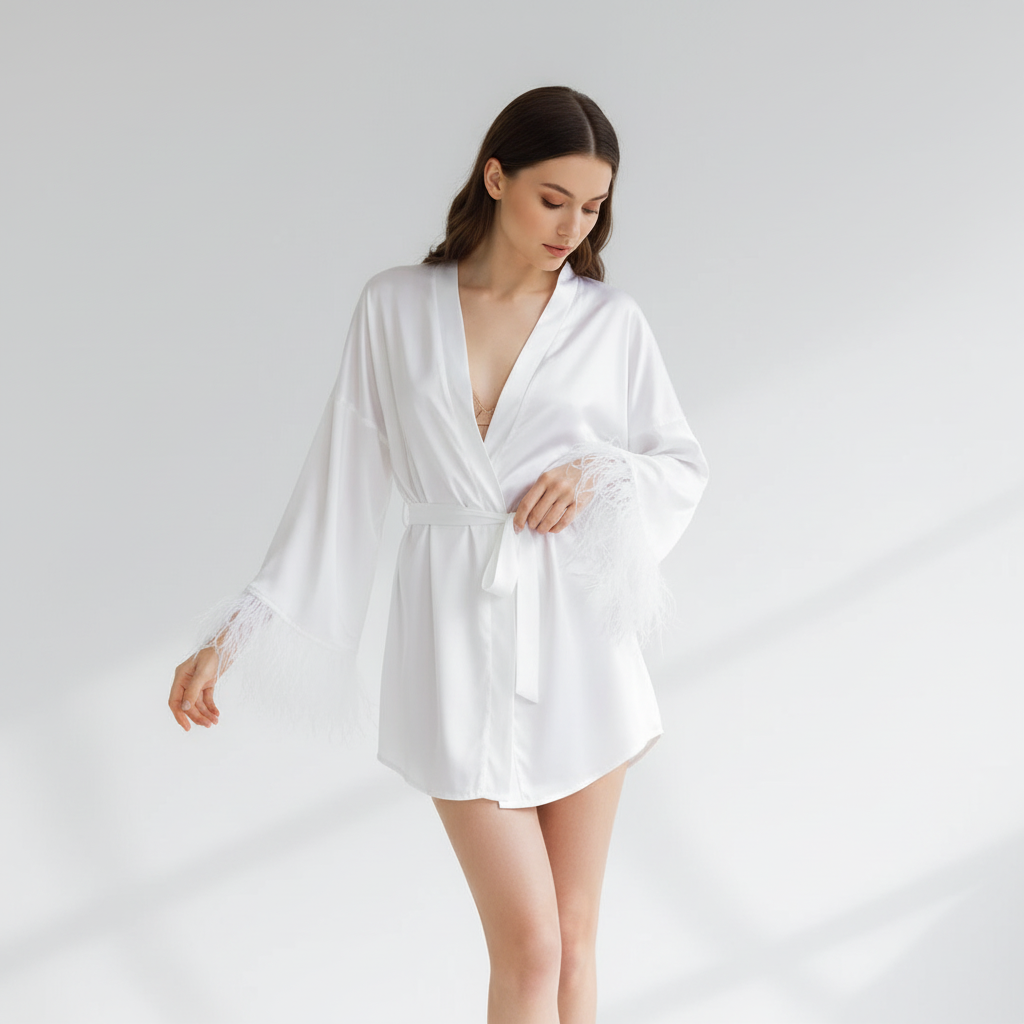 Nordspur | Noctelle Short Wrap Robe With Feather Trim