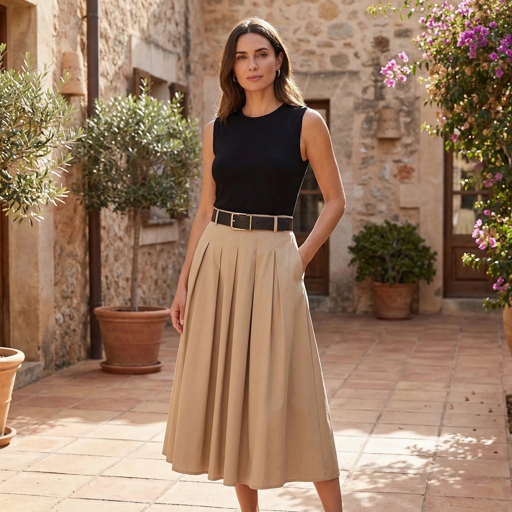 Nordspur | Pleatwyn Sleeveless Belted Pleated Midi Dress