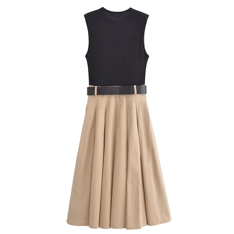 Nordspur | Pleatwyn Sleeveless Belted Pleated Midi Dress