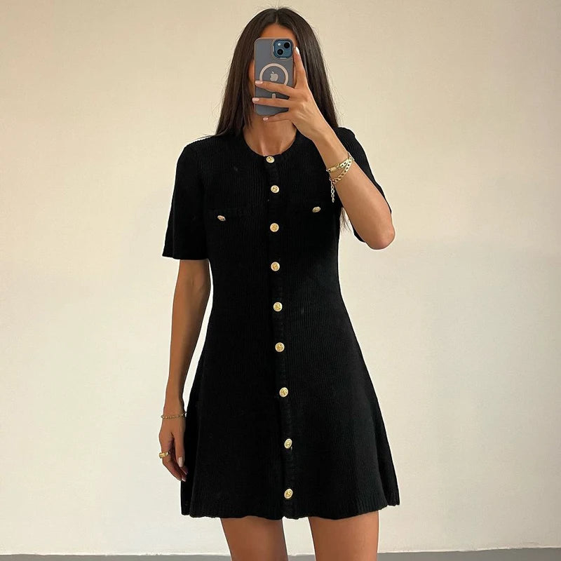 Nordspur | Ribbette Ribbed Knit Mini Dress With Metal Buttons