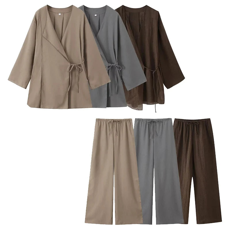 Nordspur | Serenvelle Wrap-Style Lace-Up Top And Wide-Leg Trouser Set