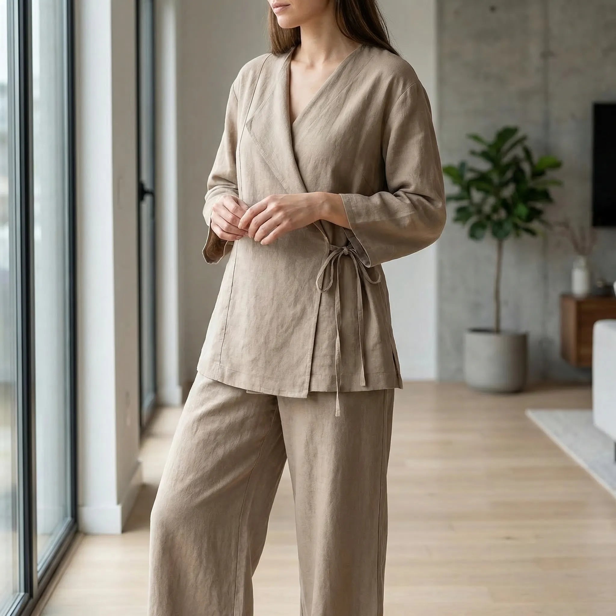 Nordspur | Serenvelle Wrap-Style Lace-Up Top And Wide-Leg Trouser Set