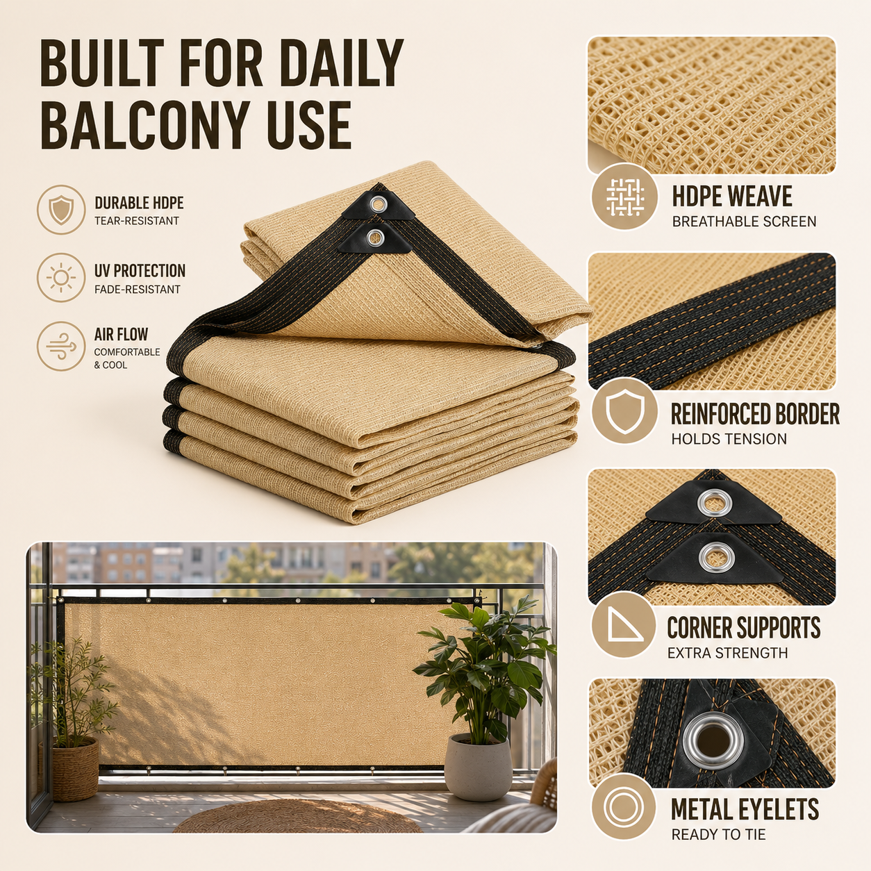 Nordspur | Shadeora Balcony Privacy Screen | Sun Shade & Wind Panel with Eyelets
