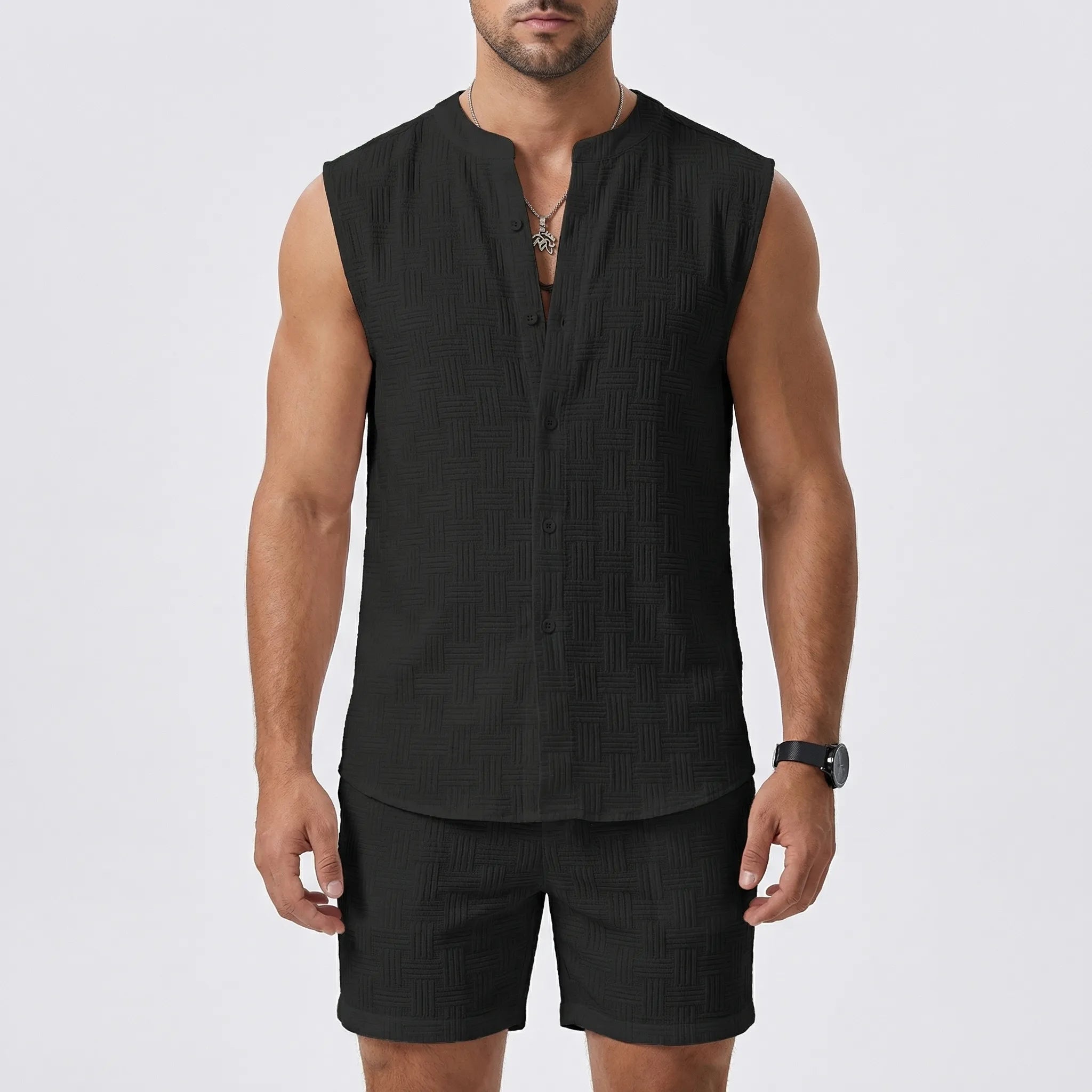 Nordspur | Shorven Sleeveless Stand-Up Collar Shirt And Shorts Set