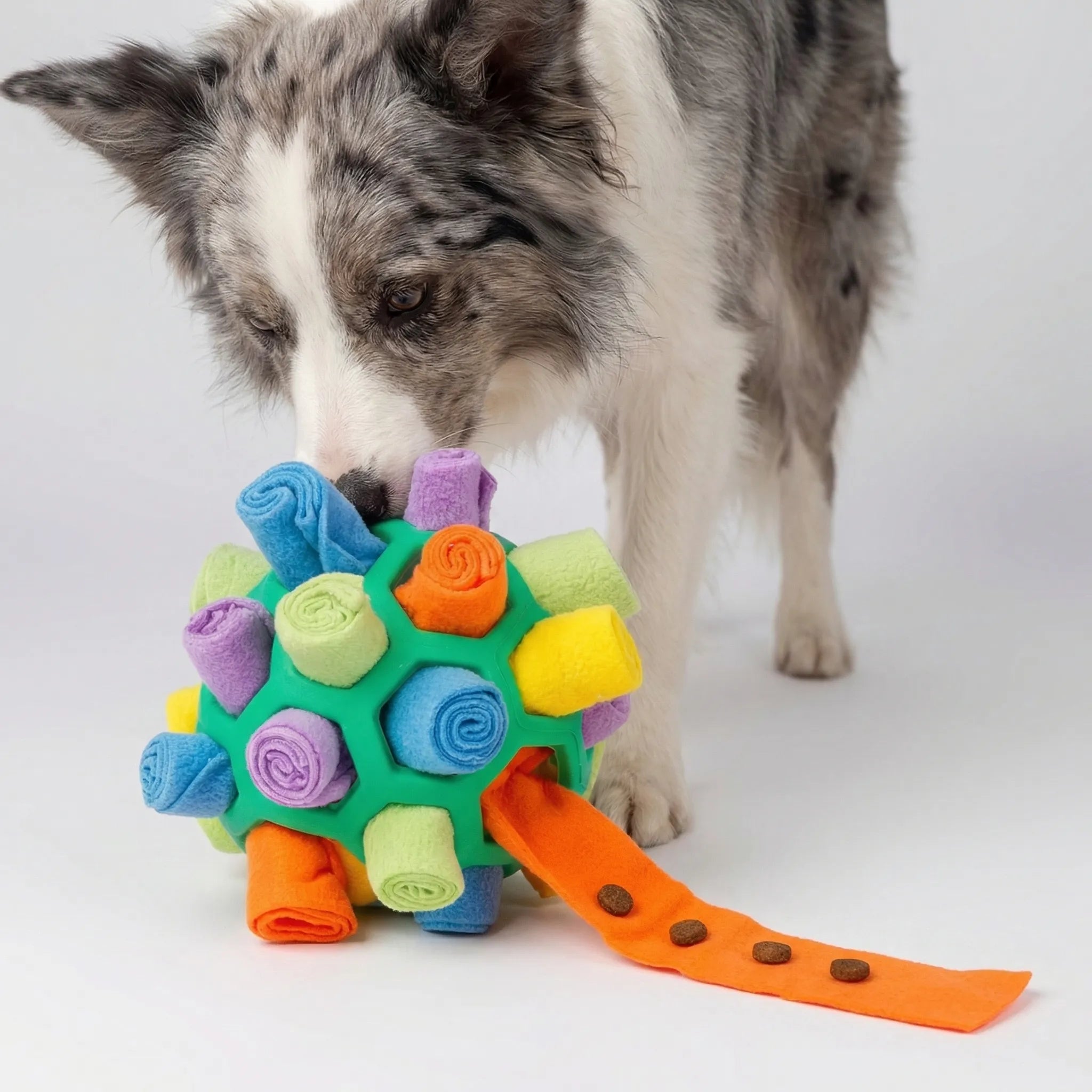 Interaktiver Schnüffelball für Hunde mit Leckerli-Taschen und Riemengriff